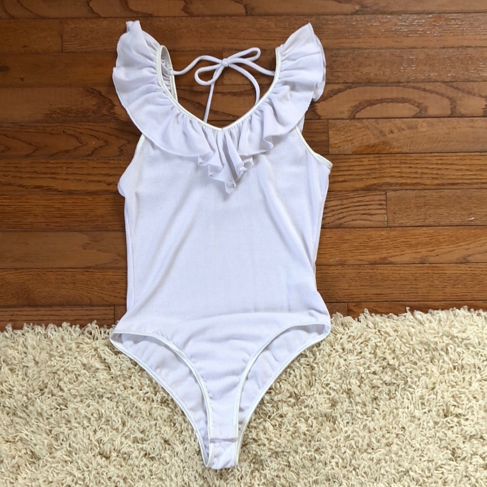 Altar’d State White Ruffle Bodysuit Tank - Picture 1 of 6